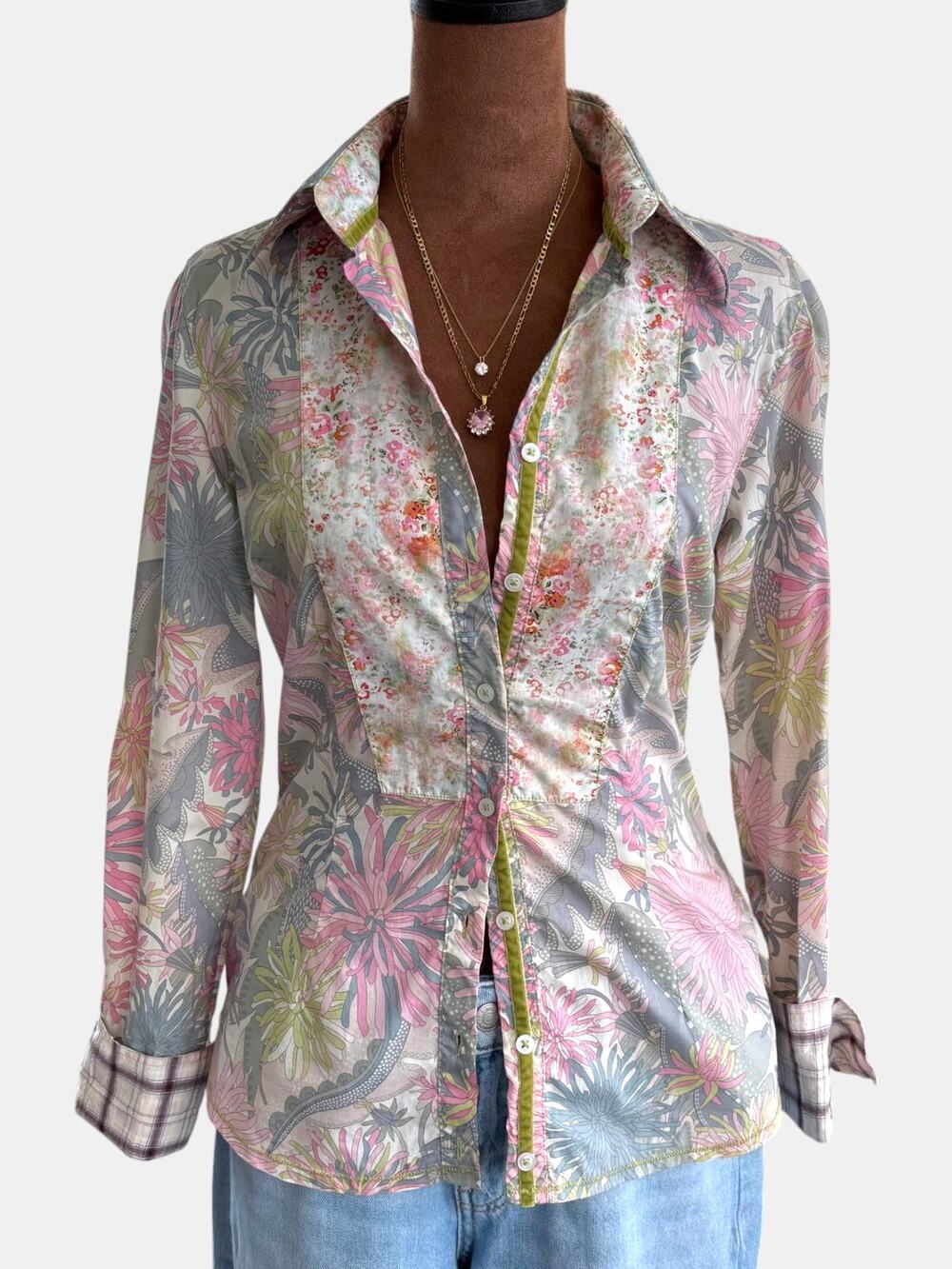 Georg Roth Women's Patchwork Floral Button Down 100% Cotton Plaid Flip Cuff XS